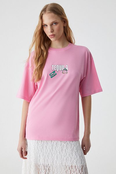 GRIMELANGE Caitlyn Women's Oversize Crew Neck Pink T-Shirt