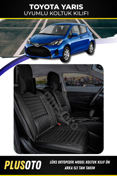 PlusOto مجموعة أغطية مقاعد السيارة السوداء المتوافقة مع سلسلة Toyota Yaris Pl...