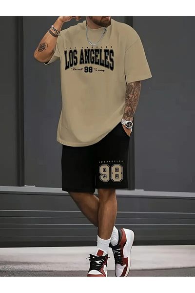 LAND MODA Summer Numbers and Letters Printed Men's Short Sleeve Shorts Casual Fashion Sports Suit