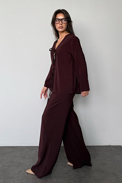 Madmext Brown Front Tie-Up Bottom Top Set Mg2473