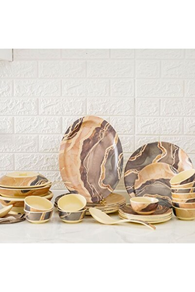 Danube Home Urmi Matt 32-Piece Melamine Dinner Set Serves-6 Cream Gold