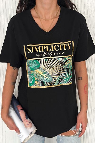 FEMELLE Women's Black V-Neck Large Size Leaf Sequin Sequin Embroidered 100% Cotton Large Size T-Shirt