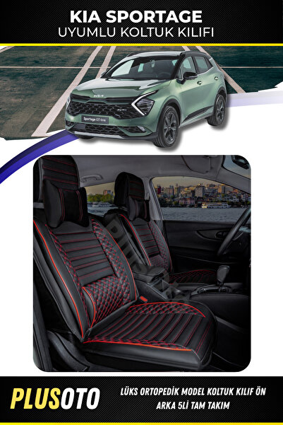 PlusOto مجموعة أغطية مقاعد السيارة المتوافقة مع سلسلة Kia Sportage Plus Lux باللون الأسود والأحمر مكونة من 5 قطع P-512