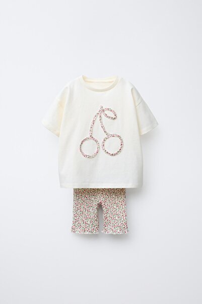 Magu Girl's cotton ecru patterned t-shirt and ribbed leggings set - summer two piece