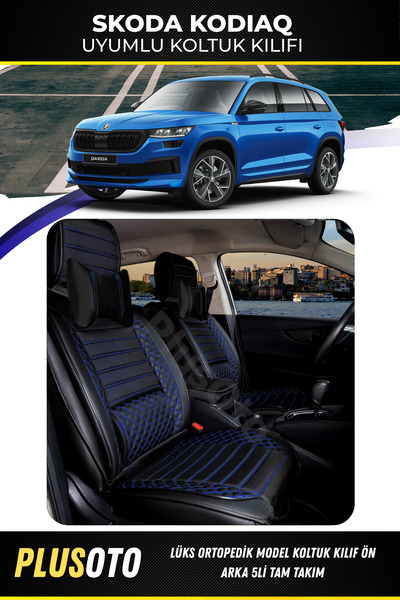 PlusOto مجموعة أغطية مقاعد السيارة المتوافقة مع سلسلة Skoda Kodiaq Plus Lux باللون الأسود والأزرق مكونة من 5 قطع P-664