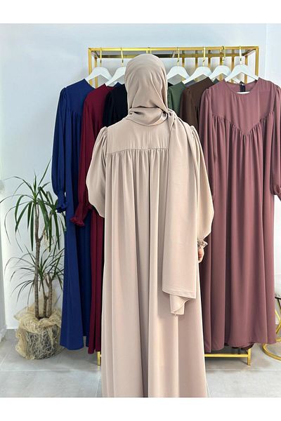 R&S modibone Suit with Shawl, Hijab Front V Model Gathered Dress, Abaya Hijab, Suitable for Ferrace Hajj and Umrah Beige