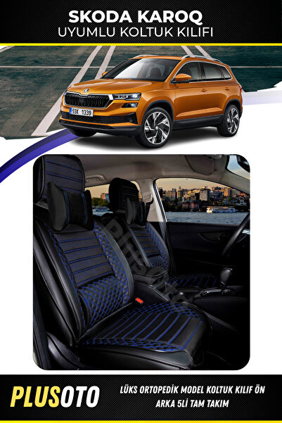 PlusOto سكودا كاروك متوافق مع سلسلة بلس لوكس أسود أزرق غطاء مقعد السيارة مجمو...