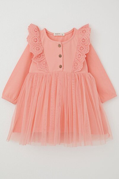 Breeze Kız Çocuk Uzun Kollu Elbise Tüllü Güpürlü 1.5-5 Yaş, Somon