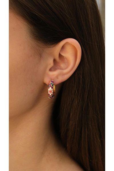 Jerie Gold Purple Flower Figure Enameled Hoop Earrings