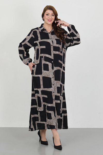 By Alba Collection Women's Black Patterned Cotton Viscose Large Size Dress