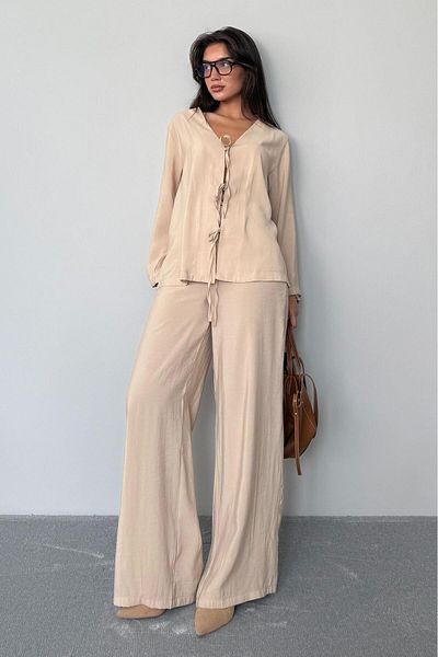 Madmext Beige Front Tie-Up Bottom Top Set Mg2473