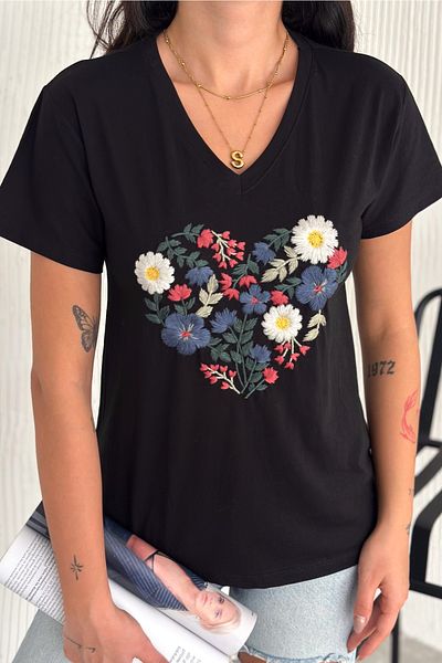 FEMELLE Tricou de damă, negru, cu decolteu în V, cu broderie florală, 100% bumbac