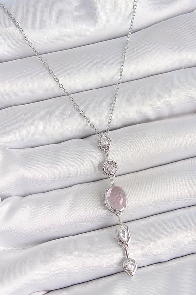 Skygo 316L Steel Silver Color Chain Zircon Stone Pink Pearlescent Y Model Low-Cut Women's Necklace - Tj-Bko10209