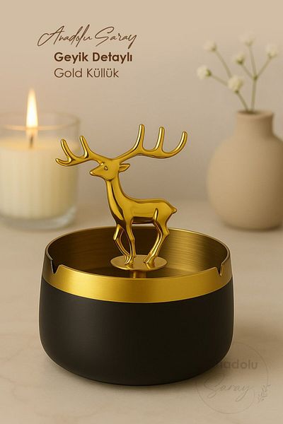 Anadolu Saray Black Gold Themed Ashtray Decorative Steel Ashtray Ash Tray with Elegant Deer Figure