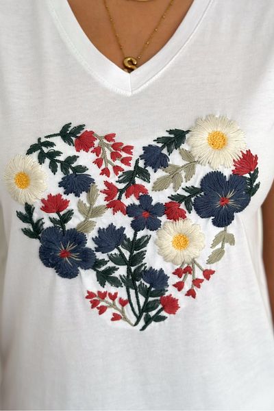 FEMELLE Tricou alb pentru femei, cu decolteu în V, cu broderie florală, 100% bumbac