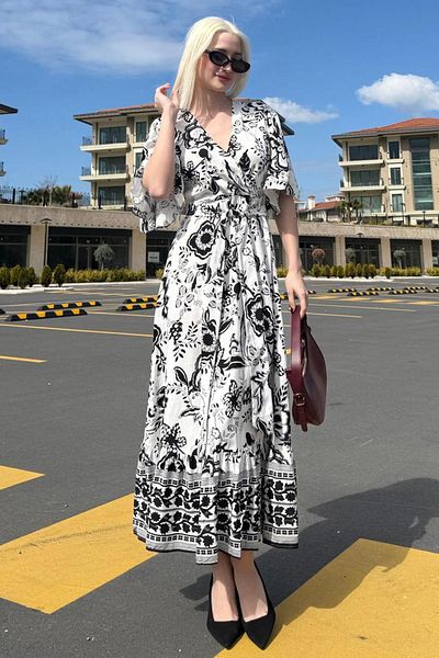 Madmext Black Double Breasted Collar Patterned Women's Dress Mg2474