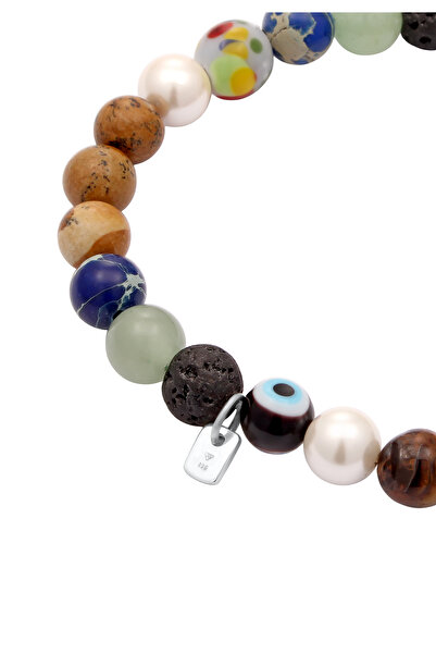 KUZZOI Bracelet Bracelet Men Beads Smiling Face Agate Tigers Eye Shell Pearl Brown Blue 925 Sterling Silver