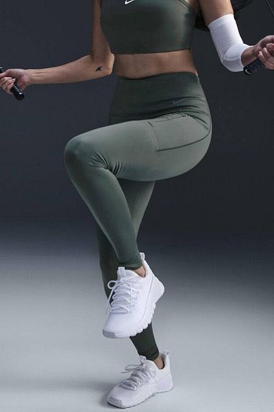 Nike Go Firm Support High Rise Full Length Women's 6 Pocket Laser Cut Training Tights Dark Green