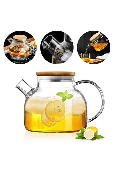 Köken Koken 1 L Infuser Kettle, Borosilicate heat-resistant glass up to 150℃, Bamboo/stainless steel lid