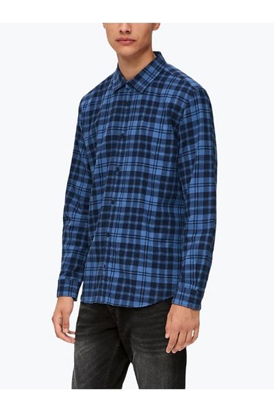 QS by s.Oliver Men's long-sleeved cotton shirt, checkered print and Regular fit, QS by s.Oliver, Dark blue