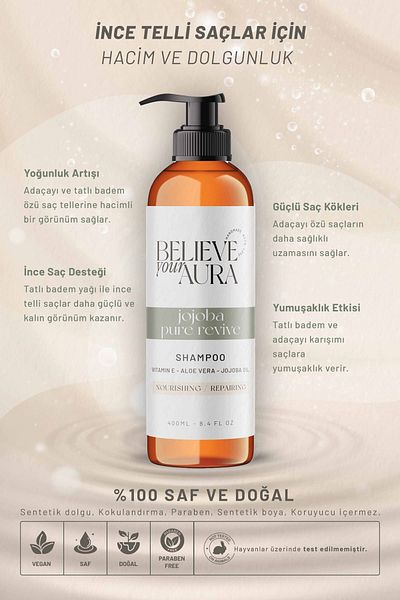 Believe Your Aura Sweet Almond and Island Tea Oil Shampoo - Volumizing Nourishing Natural Hair Care Shampoo - 400 ml