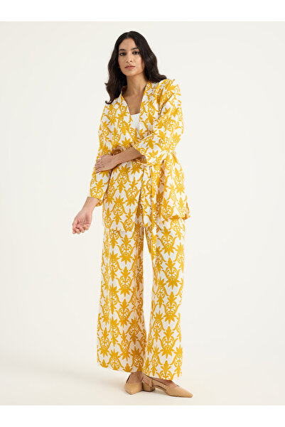 Store Wf 100% Linen Yellow Printed Kimono Set