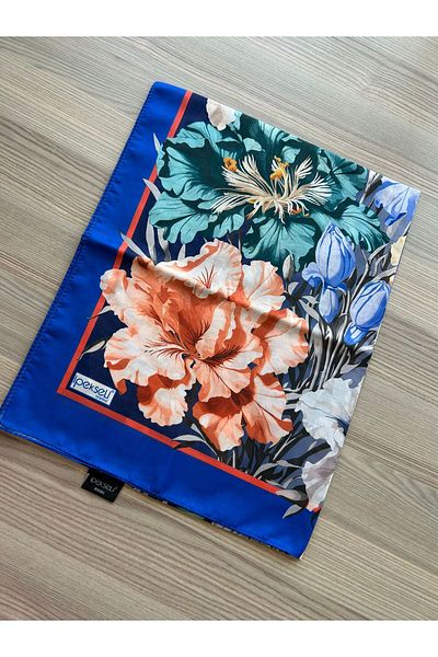 İpekseli Şal din bumbac cu model floral mătăsos Saks Blue