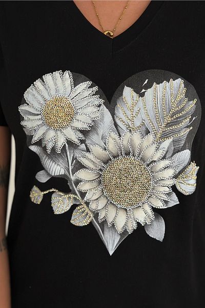 FEMELLE Tricou de damă, negru, cu decolteu în V, cu paiete florale, brodat, 100% bumbac
