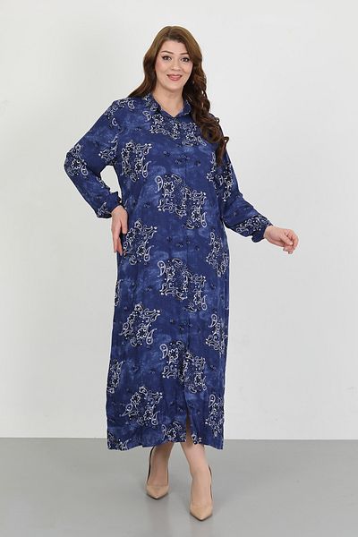 By Alba Collection Women's Navy Blue Patterned Cotton Viscose Large Size Dress