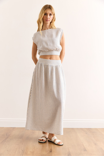 Olalook Women's Blue Striped Back Drop Six-Striped Striped Crop Muslin Blouse Blz-19002990