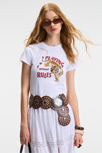 GRIMELANGE Yelvane Women's 100% Cotton Crew Neck Printed Regular Fit White T-Shirt