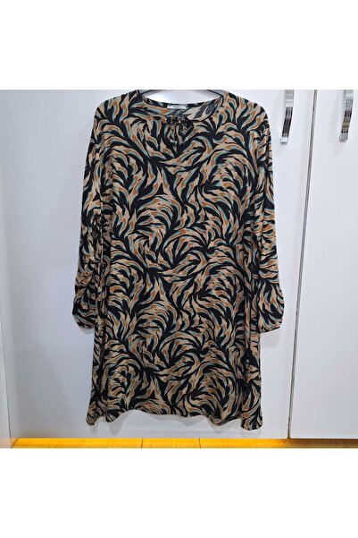 NUR TEKSTİL kadın kahve desenli pamuklu viskon kol ağzı lastikli tesettür büy...