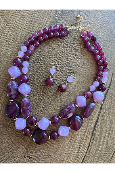 Büyük Hanım Boho Style Resin Purple Color Necklace Earrings Bracelet Set