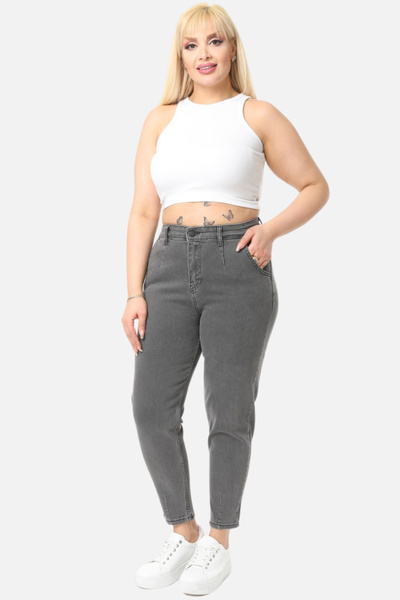 CEDY DENIM Mom Fit Jean Large Size High Waist Carrot Cut Skinny Leg Pleated Stretch Jeans C600-Light-Grey