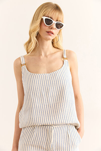 Olalook Bluză de damă cu inel albastru cu dungi de muselină BLZ-19002958