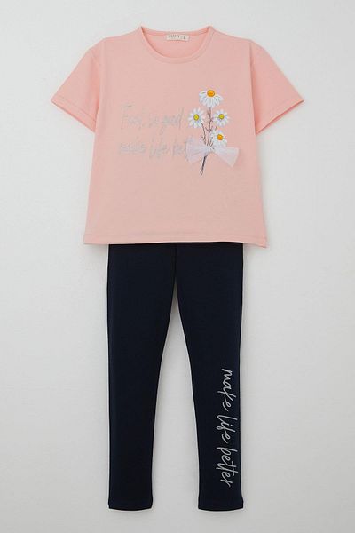 Breeze Girl's Tights Set with Flowers & Text Printed Bow, Age 5-10, Pink