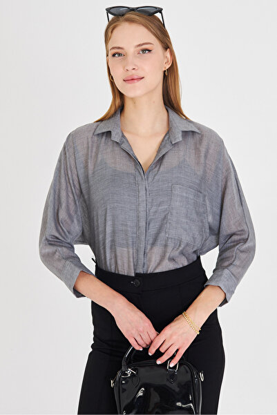 armonika Women's Anthracite Pocketed Loose Linen Shirt Arm-21Y001035