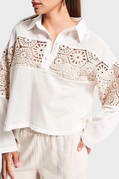 its basic Women's Beige Color Knitted Lace Detailed Oversize Design Linen Shirt