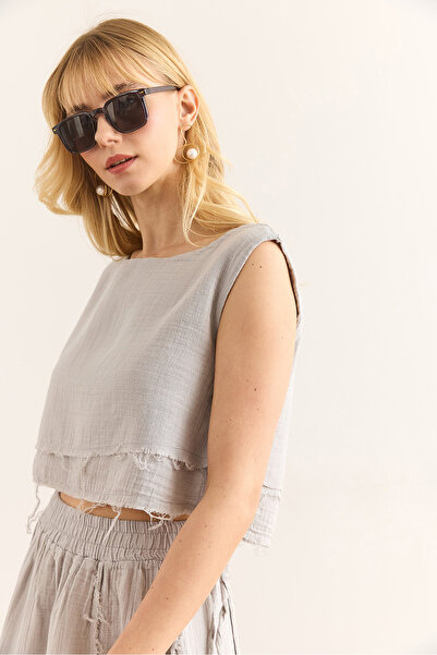 Olalook Women's Gray Double Layer Dirty Stitching Lace Detailed Muslin Blouse Blz-19002924