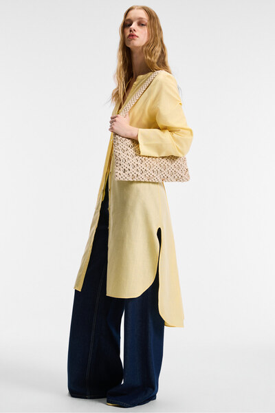 GRIMELANGE Acallar women's 100% cotton linen look casual long oversize fit yellow dress