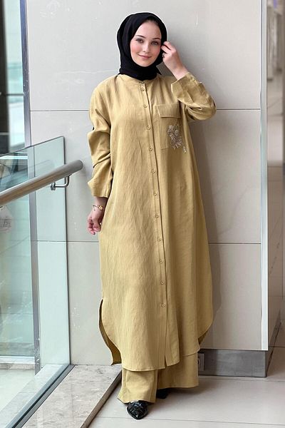 Nurcan Çetin Pocket Embroidered Judge Collar Long Shirt Pants Set
