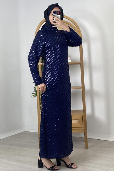 NCL 23521-23K Bias Striped Sequin Evening Dress
