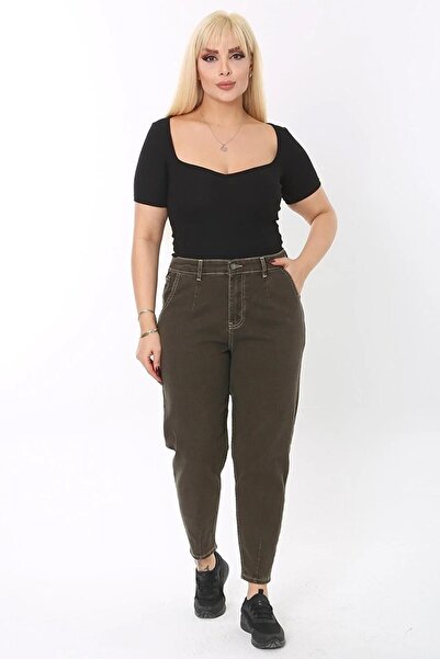 CEDY DENIM Mom Fit Jean Plus velikost Vysoký pas Mrkev Střih Úzká noha Skládaný Pružné džínové kalhoty C600-hnědé