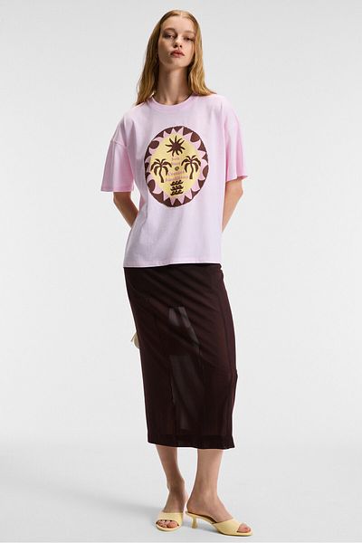 GRIMELANGE Veymira Women's 100% Cotton Crew Neck Short Sleeve Oversize Fit Pink T-Shirt