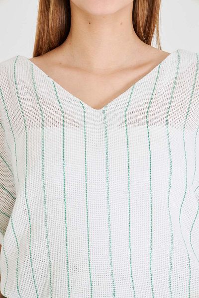 armonika Women's Green V-Neck Oversize Blouse with Side Slits and Long Double Sleeve Detail at Back Arm-25Y001056