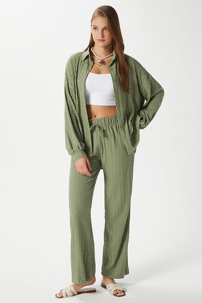 Ritnice Women's Ariana Seersucker Elastic Waist Cagla Pants Shirt Bottom Top Set