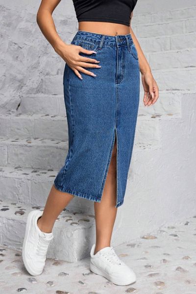 CEDY DENIM Fusta de înaltă calitate, cu lungime midi, din denim elastic din Lycra C624-albastru