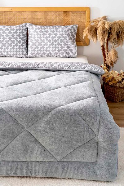 Rivaİstanbul Gray Geometric Loura Single Double Sided Luxury Wellsoft Quilt Set 155X215 cm