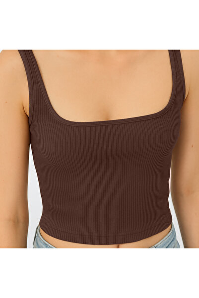 Bled Κρεμαστό Ribbed Basic Crop Singlet - Διπλή στρώση επένδυσης (100% βαμβάκι) Bitter Brown