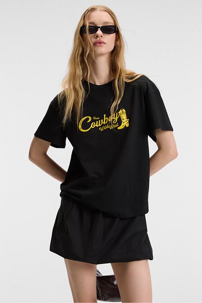 GRIMELANGE Rivela Women's 100% Cotton Regular Fit Printed Crew Neck Short Sleeve Black T-Shirt